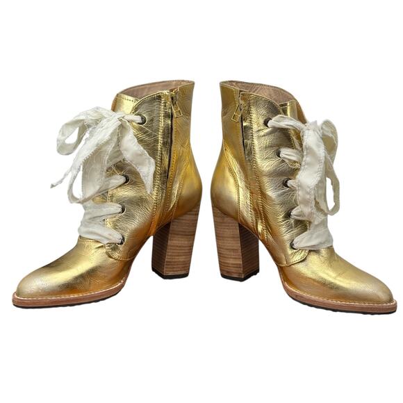 George Esquivel Granny Boot Western Gold Boho Sz 7 Womens Heel Frilly Ribbon NEW - Picture 8 of 12
